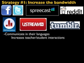 -Communicate in their languages
Increases teacher/student interactions
Strategy #1: Increase the bandwidth
 