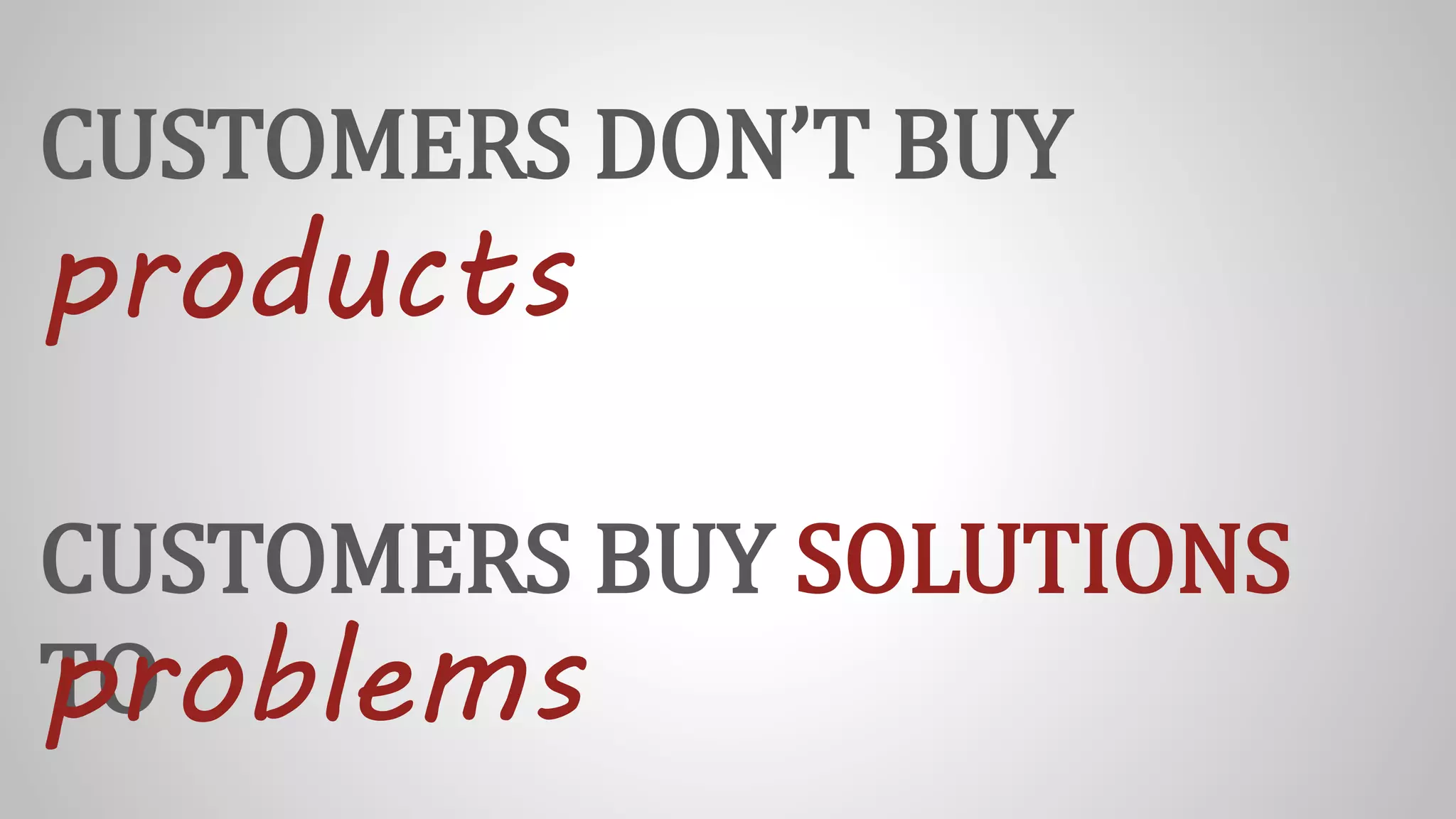 CUSTOMERS DON’T BUY
products
CUSTOMERS BUY SOLUTIONS
TOproblems
 