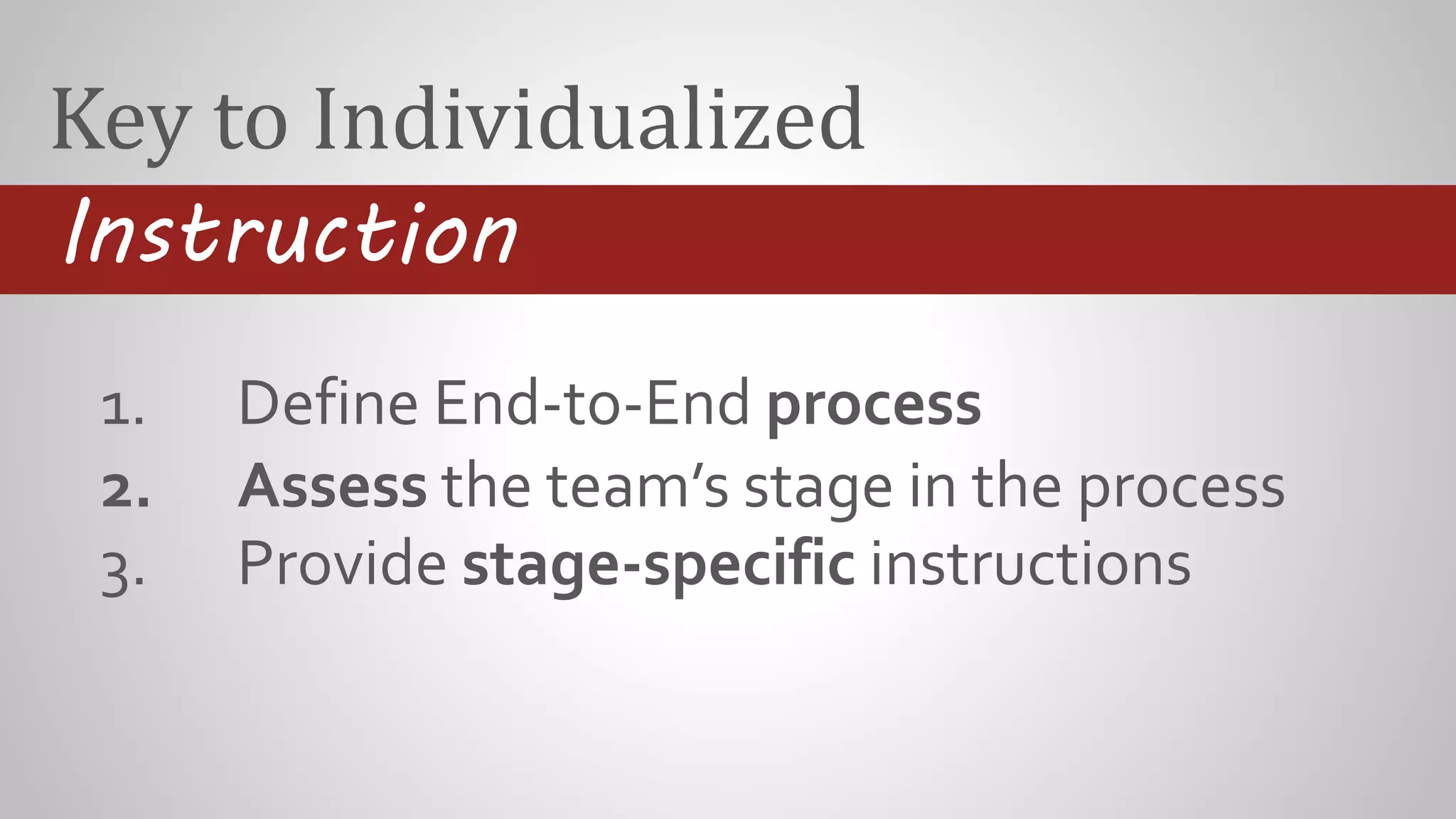 Key to Individualized
Instruction
1. Define End-to-End process
2. Assess the team’s stage in the process
3. Provide stage-specific instructions
 
