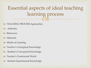 
 TEACHING PROCESS Approaches
 Attitudes
 Behaviour
 Materials
 Modes of Learning
 Teacher’s Conceptual Knowledge
 Student’s Conceptual Knowledge
 Teacher’s Constructed World
 Student Experimental Knowledge
Essential aspects of ideal teaching
learning process
 