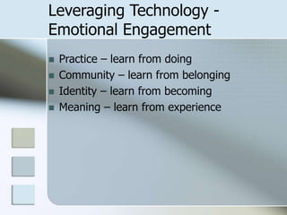 Leveraging Technology Emotional Engagement





Practice – learn from doing
Community – learn from belonging
Identity – learn from becoming
Meaning – learn from experience

 