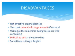 DISADVANTAGES


Not effective larger audiences
The chart cannot hold large amount of material
Writing at the same time during session is time
consuming
Difficult to talk at the same time
Sometimes writing is illegible
 