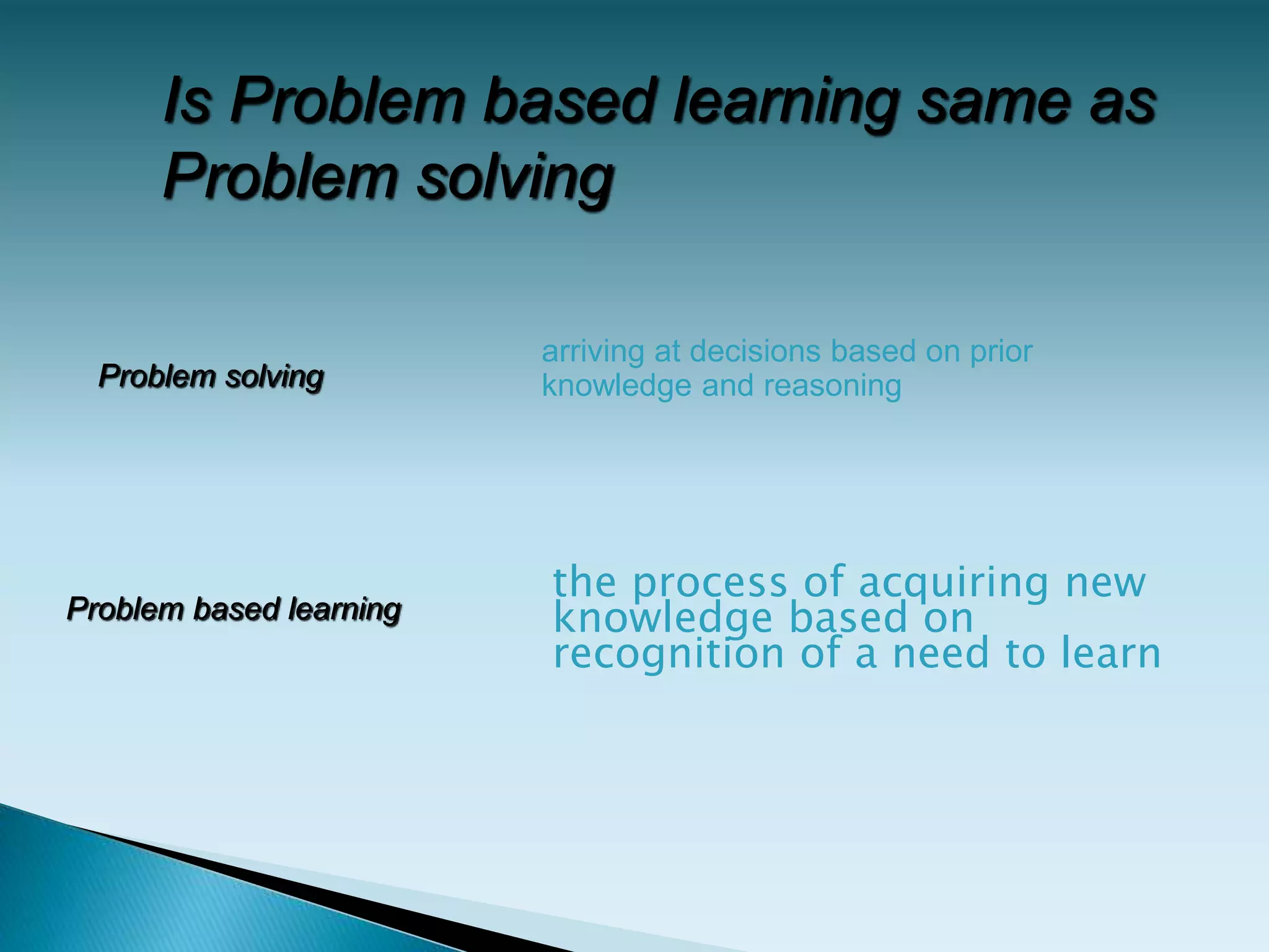 the process of acquiring new
knowledge based on
recognition of a need to learn
arriving at decisions based on prior
knowledge and reasoning
Is Problem based learning same as
Problem solving
Problem based learning
Problem solving
 