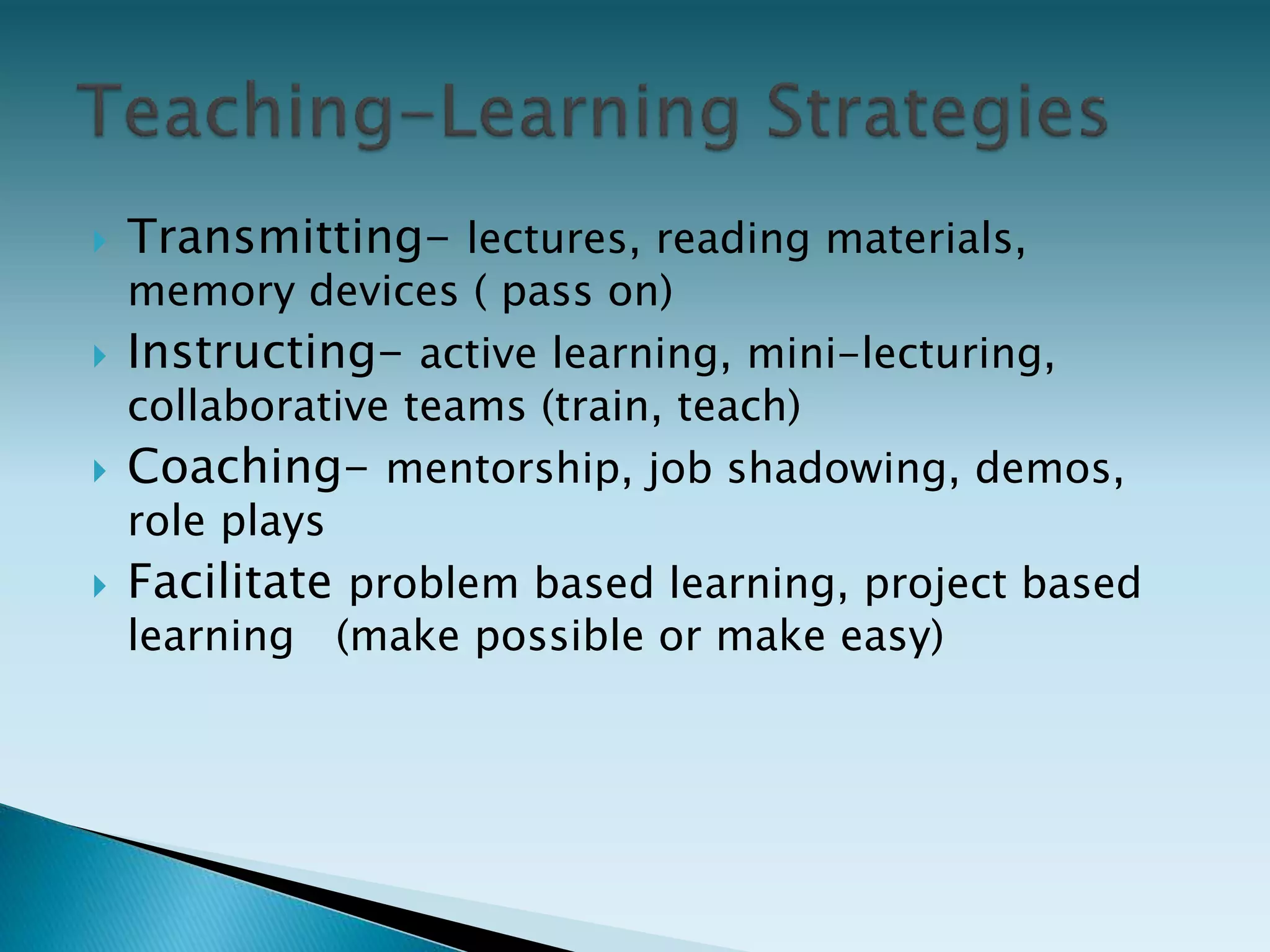  Transmitting- lectures, reading materials,
memory devices ( pass on)
 Instructing- active learning, mini-lecturing,
collaborative teams (train, teach)
 Coaching- mentorship, job shadowing, demos,
role plays
 Facilitate problem based learning, project based
learning (make possible or make easy)
 