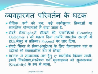 व्मिहायगत ऩरयिततन के घटक
 िैक्षऺक िगों को ऩुन: कई कामतसूचक क्रिमाओं मा
भानशसक मोग्मताओं भें फांटा जाता है.
 योफटत भेगय,1962,ने सीखने की उऩरक्ब्धमों (Learning
Outcomes ) को भहत्ि ददमा जफक्रक बायतीम सरदबत भें
RCE,भैसूय ने प्रक्रिमा ( Process) ऩय जोय ददमा.
 योफटत शभरय ने सैरम-अनुदेिन के शरए क्रिमात्भक ऩऺ के
उद्देश्मों को व्मािहारयक रूऩ भें शरखा.
 RCEM ने ऻानात्भक ऩऺ हेतु 17 भानशसक क्रिमाएं भानी.
इसभें विश्रेषण,संश्रेषण एिं भूल्माङ्कन को सृजनात्भक
(Creativity) के रूऩ भें भाना.
Jangid ML / 20140621 15
 