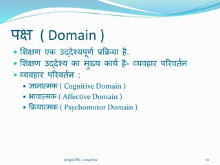 पक्ष ( Domain )
 शिक्षण एक उद्देश्यपूणत प्रक्रिया है.
 शिक्षण उद्देश्य का मुख्य कायत है- व्यिहार पररिततन
 व्यिहार पररिततन :
 ज्ञानात्मक ( Cognitive Domain )
 भािात्मक ( Affective Domain )
 क्रियात्मक ( Psychomotor Domain )
10Jangid ML / 20140621
 