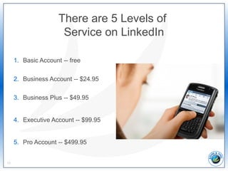 There are 5 Levels of
Service on LinkedIn
1. Basic Account -- free
2. Business Account -- $24.95
3. Business Plus -- $49.95
4. Executive Account -- $99.95
5. Pro Account -- $499.95
11
 
