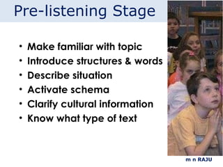 m n RAJU Pre-listening Stage Make familiar with topic Introduce structures & words Describe situation Activate schema Clarify cultural information Know what type of text 