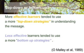 Top-down or bottom-up?
More effective learners tended to use
a more “top-down strategies” in understanding
the message.
Less effective learners tended to use
a more “bottom up strategies” .
(O Malley et al, 1989)
 