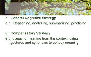 5. General Cognitive Strategy
e.g. Reasoning, analyzing, summarizing, practicing
6. Compensatory Strategy
e.g. guessing meaning from the context, using
gestures and synonyms to convey meaning
 