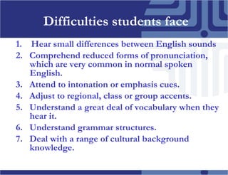 Difficulties students face1. Hear small differences between English sounds2. Comprehend reduced forms of pronunciation, which are very common in normal spoken English.3. Attend to intonation or emphasis cues. 4. Adjust to regional, class or group accents.5. Understand a great deal of vocabulary when they hear it.6. Understandgrammarstructures.7. Deal with a range of cultural background knowledge.