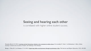 Seeing and hearing each other
is correlated with higher online student success.
Borup, J., West, R. E., & Graham, C. R. (2012). Improving online social presence through asynchronous video. The Internet and Higher Education, 15(3), 195-203.
Pacansky-Brock, M. (2014). Learning out loud: Increasing voluntary voice comments in online classes. In Lowenthal, P., York, C., & Richardson, J. (Eds.), Online
learning: Common misconceptions, beneﬁts, and challenges. Nova Science.
 