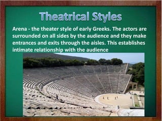 Arena - the theater style of early Greeks. The actors are
surrounded on all sides by the audience and they make
entrances and exits through the aisles. This establishes
intimate relationship with the audience
 