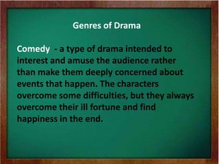 Genres of Drama
Comedy - a type of drama intended to
interest and amuse the audience rather
than make them deeply concerned about
events that happen. The characters
overcome some difficulties, but they always
overcome their ill fortune and find
happiness in the end.
 