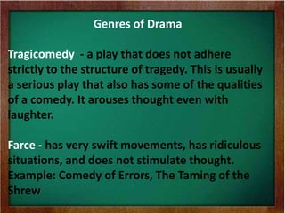 Genres of Drama
Tragicomedy - a play that does not adhere
strictly to the structure of tragedy. This is usually
a serious play that also has some of the qualities
of a comedy. It arouses thought even with
laughter.
Farce - has very swift movements, has ridiculous
situations, and does not stimulate thought.
Example: Comedy of Errors, The Taming of the
Shrew
 