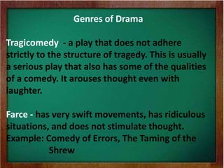 Genres of Drama
Tragicomedy - a play that does not adhere
strictly to the structure of tragedy. This is usually
a serious play that also has some of the qualities
of a comedy. It arouses thought even with
laughter.
Farce - has very swift movements, has ridiculous
situations, and does not stimulate thought.
Example: Comedy of Errors, The Taming of the
Shrew
 
