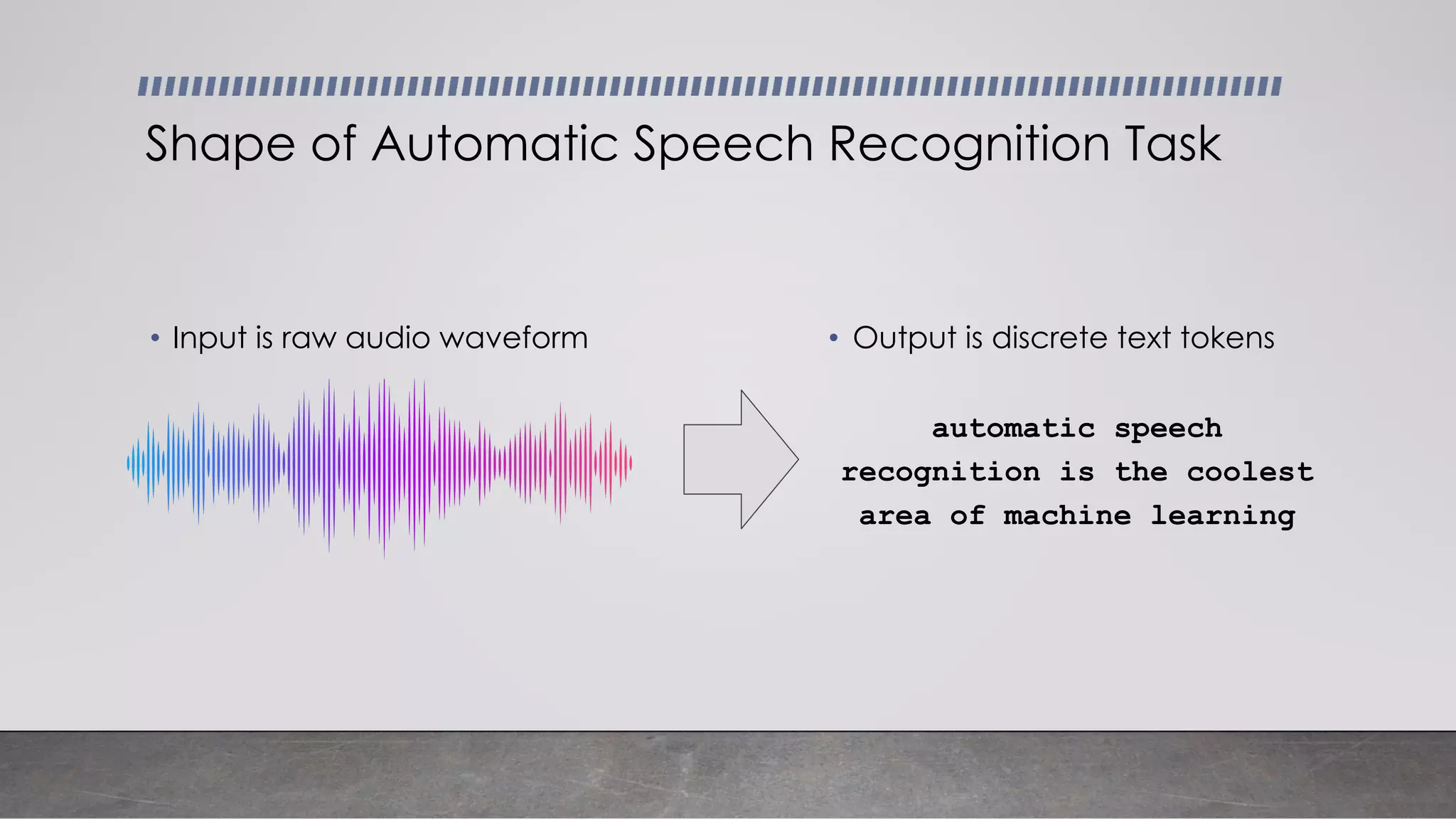 • Input is raw audio waveform
Shape of Automatic Speech Recognition Task
• Output is discrete text tokens
automatic speech
recognition is the coolest
area of machine learning
 