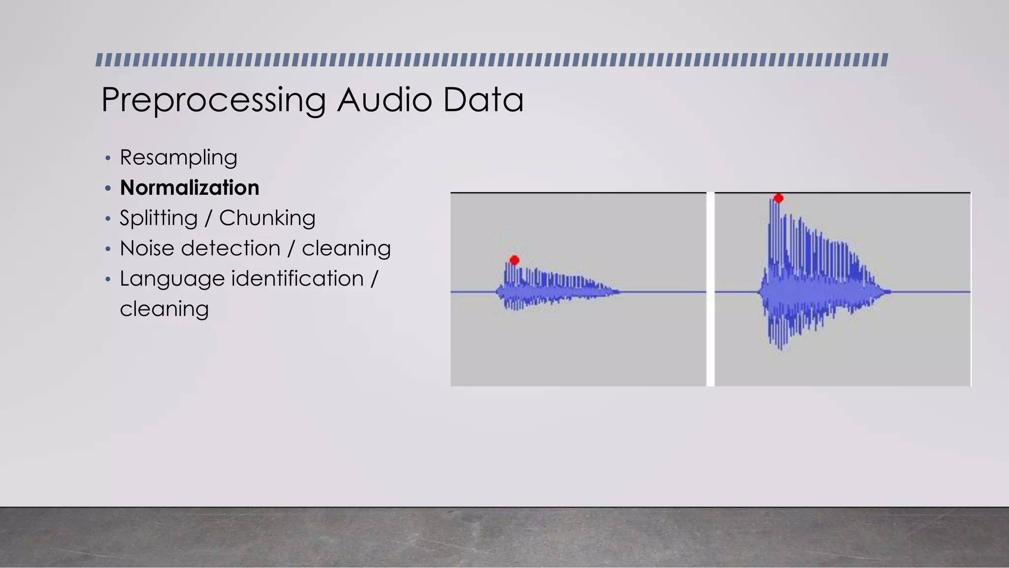 • Resampling
• Normalization
• Splitting / Chunking
• Noise detection / cleaning
• Language identification /
cleaning
Preprocessing Audio Data
 
