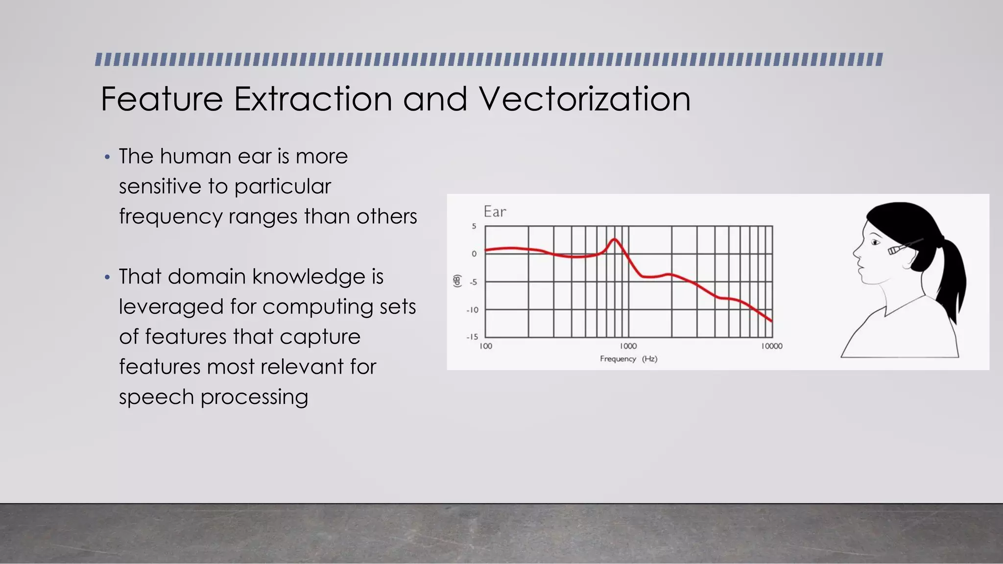 • The human ear is more
sensitive to particular
frequency ranges than others
• That domain knowledge is
leveraged for computing sets
of features that capture
features most relevant for
speech processing
Feature Extraction and Vectorization
 