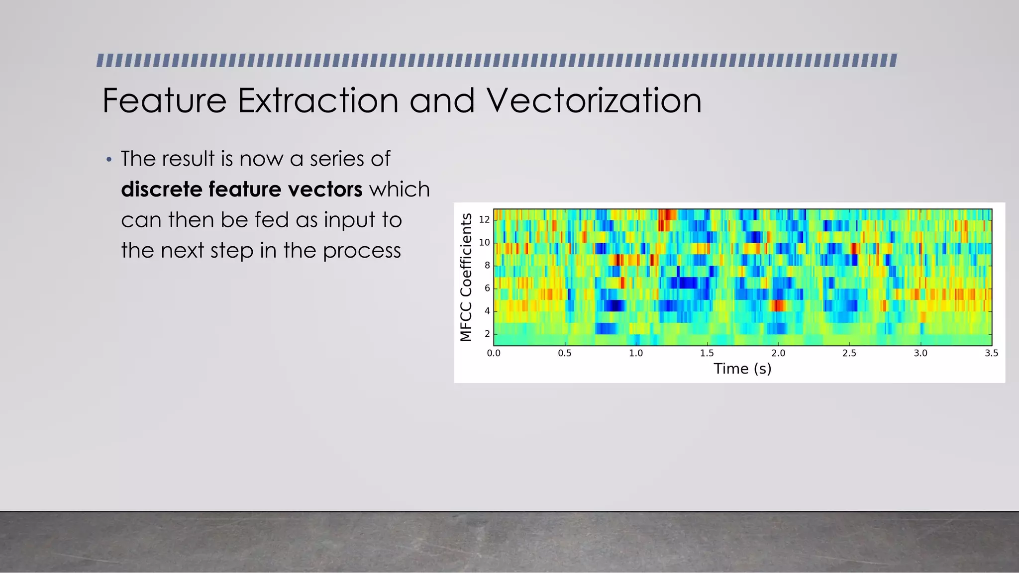 • The result is now a series of
discrete feature vectors which
can then be fed as input to
the next step in the process
Feature Extraction and Vectorization
 