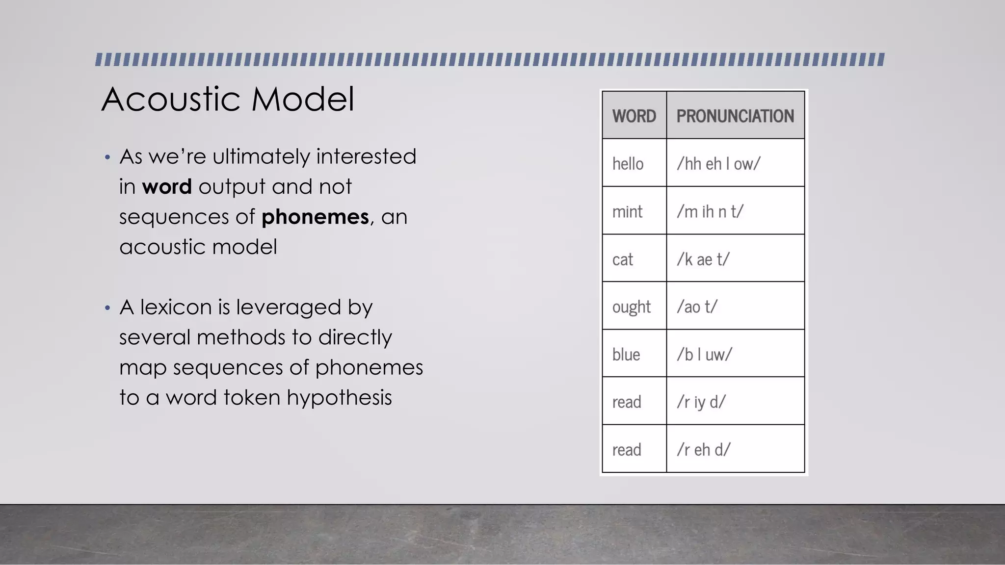 Acoustic Model
• As we’re ultimately interested
in word output and not
sequences of phonemes, an
acoustic model
• A lexicon is leveraged by
several methods to directly
map sequences of phonemes
to a word token hypothesis
 