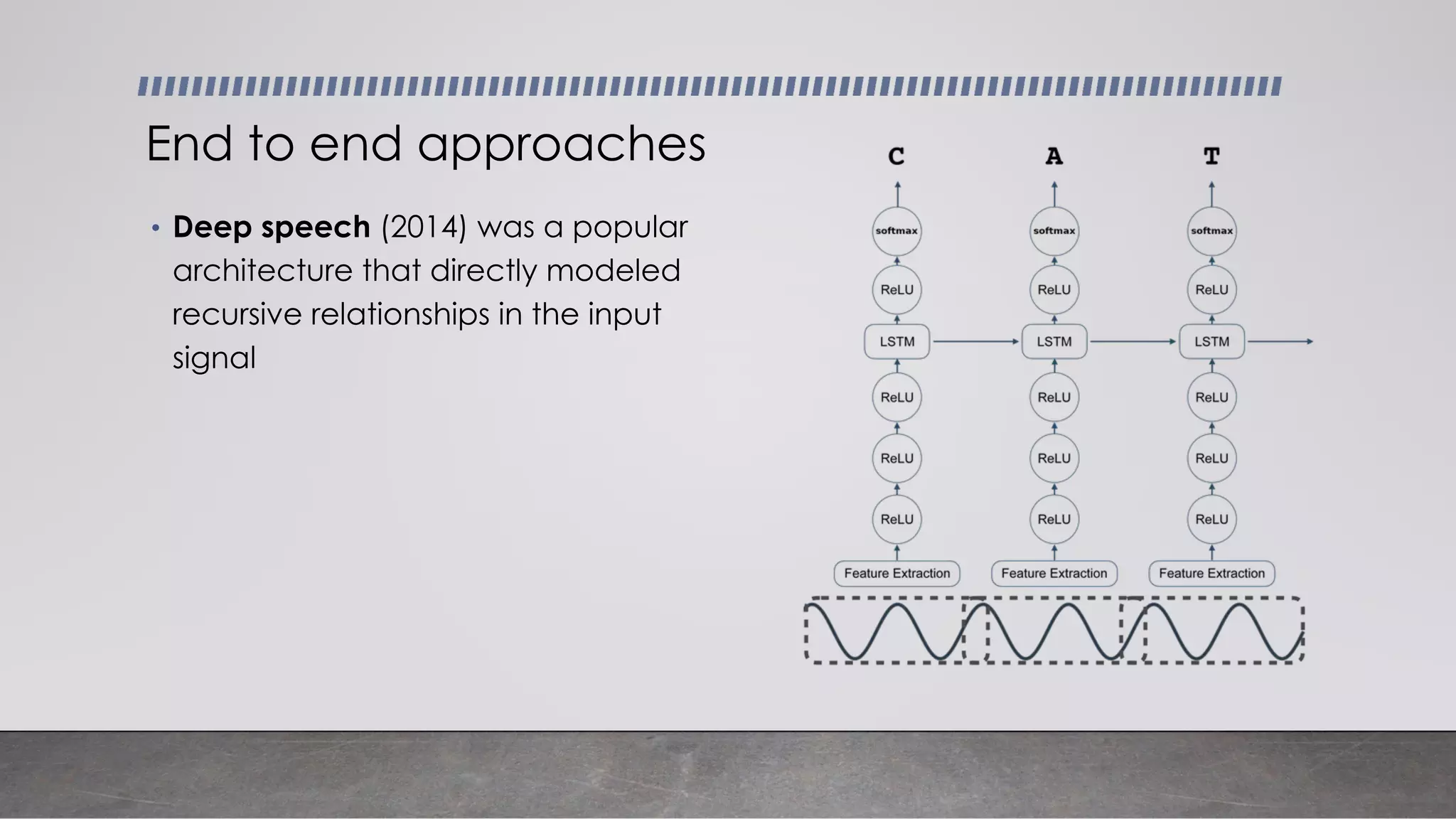 • Deep speech (2014) was a popular
architecture that directly modeled
recursive relationships in the input
signal
End to end approaches
 