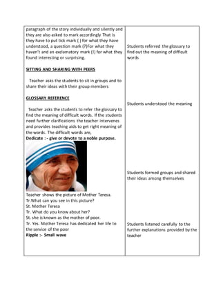 paragraph of the story individually and silently and
they are also asked to mark accordingly That is
they have to put tick mark ( ) for what they have
understood, a question mark (?)For what they
haven’t and an exclamatory mark (!) for what they
found interesting or surprising.
SITTING AND SHARING WITH PEERS
Teacher asks the students to sit in groups and to
share their ideas with their group members
GLOSSARY REFERENCE
Teacher asks the students to refer the glossary to
find the meaning of difficult words. If the students
need further clarifications the teacher intervenes
and provides teaching aids to get right meaning of
the words. The difficult words are,
Dedicate : - give or devote to a noble purpose.
Teacher shows the picture of Mother Teresa.
Tr.What can you see in this picture?
St. Mother Teresa
Tr. What do you know about her?
St. she is known as the mother of poor.
Tr. Yes. Mother Teresa has dedicated her life to
the service of the poor
Ripple :- Small wave
Students referred the glossary to
find out the meaning of difficult
words
Students understood the meaning
Students formed groups and shared
their ideas among themselves
Students listened carefully to the
further explanations provided by the
teacher
 