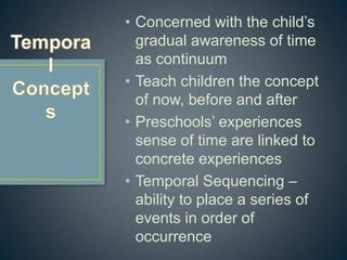 • Concerned with the child’s
gradual awareness of time
as continuum
• Teach children the concept
of now, before and after
• Preschools’ experiences
sense of time are linked to
concrete experiences
• Temporal Sequencing –
ability to place a series of
events in order of
occurrence
 