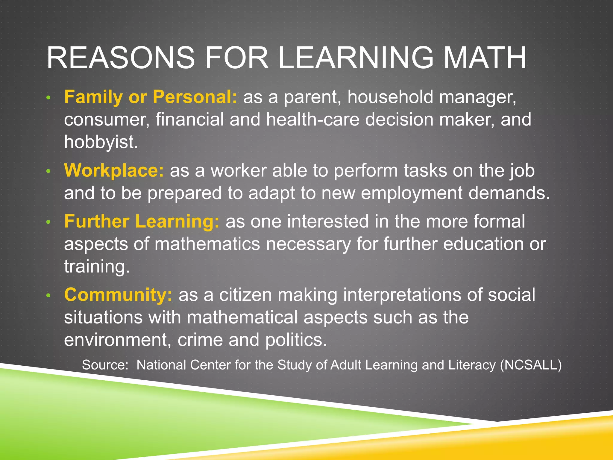 REASONS FOR LEARNING MATH
• Family or Personal: as a parent, household manager,
consumer, financial and health-care decision maker, and
hobbyist.
• Workplace: as a worker able to perform tasks on the job
and to be prepared to adapt to new employment demands.
• Further Learning: as one interested in the more formal
aspects of mathematics necessary for further education or
training.
• Community: as a citizen making interpretations of social
situations with mathematical aspects such as the
environment, crime and politics.
Source: National Center for the Study of Adult Learning and Literacy (NCSALL)
 
