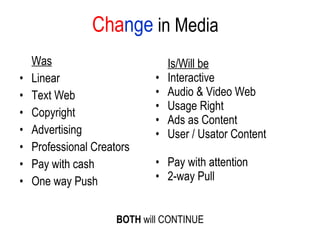 Cha nge  in Media Was Linear Text Web Copyright Advertising Professional Creators Pay with cash One way Push Is/Will be Interactive Audio & Video Web Usage Right Ads as Content User / Usator Content Pay with attention 2-way Pull BOTH  will CONTINUE 