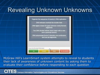 Revealing Unknown UnknownsRevealing Unknown Unknowns
McGraw Hill’s LearnSmart system attempts to reveal to studentsMcGraw Hill’s LearnSmart system attempts to reveal to students
their lack of awareness of unknown content by asking them totheir lack of awareness of unknown content by asking them to
evaluate their confidence before responding to each questionevaluate their confidence before responding to each question
 