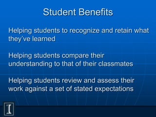 Helping students to recognize and retain what
they’ve learned
Helping students compare their
understanding to that of their classmates
Helping students review and assess their
work against a set of stated expectations
Student Benefits
 