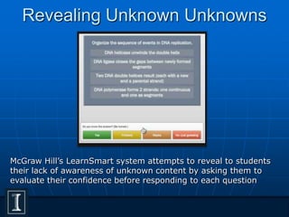 Revealing Unknown Unknowns
McGraw Hill’s LearnSmart system attempts to reveal to students
their lack of awareness of unknown content by asking them to
evaluate their confidence before responding to each question
 