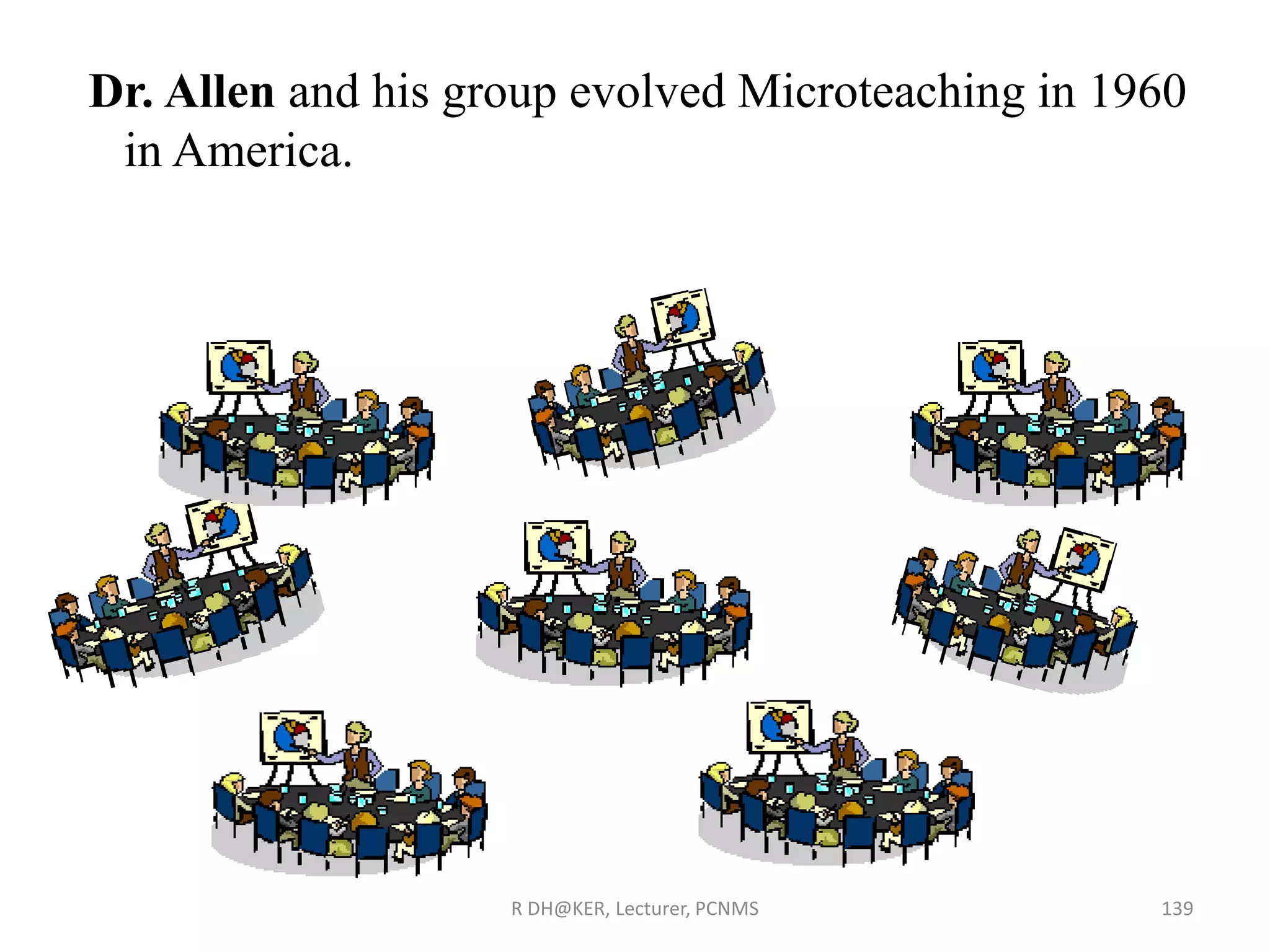 R DH@KER, Lecturer, PCNMS 139
Dr. Allen and his group evolved Microteaching in 1960
in America.
 
