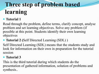 Three step of problem based
learning
 Tutorial 1
Read through the problem, define terms, clarify concept, analyse
problem and set learning objectives. Solve any problem (if
possible at this point. Students identify their own learning
objectives
 Tutorial 2 (Self Directed Learning (SDL) )
Self Directed Learning (SDL) means that the students study and
look for information on their own in preparation for the tutorial
session
 Tutorial 3
This is the third tutorial during which students do the
presentation of gathered information, solution of problems and
synthesis..
 