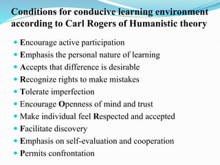 Conditions for conducive learning environment
according to Carl Rogers of Humanistic theory
 Encourage active participation
 Emphasis the personal nature of learning
 Accepts that difference is desirable
 Recognize rights to make mistakes
 Tolerate imperfection
 Encourage Openness of mind and trust
 Make individual feel Respected and accepted
 Facilitate discovery
 Emphasis on self-evaluation and cooperation
 Permits confrontation
 