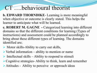 CT ….behavioural theorist
b. EDWARD THORNDIKE- Learning is more meaningful
when objective or outcome is clearly stated. This helps the
learner to anticipate what will be learned.
c. ROBERT M. GAGNE - Categorized learning into different
domains so that the different conditions for learning (Types of
instructions) and assessment could be planned accordingly to
bring about these different types of learning. The domains
identified are;
 Motor skills-Ability to carry out skills,
Verbal information – ability to mention or name
 Intellectual skills – Ability to respond to stimuli
Cognitive strategies- Ability to think, learn and remember
Attitudes - Ability to perceive or approach ideas
 