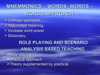 MNEMMONICS - WORDS- WORDS –MNEMMONICS - WORDS- WORDS –
WORDS APPROACHWORDS APPROACH
 Concept approach.Concept approach.
 Associated meaning.Associated meaning.
 Increase word powerIncrease word power
 Dictionary.Dictionary.
ROLE PLAYING AND SCENARIOROLE PLAYING AND SCENARIO
ANALYSIS BASED TEACHINGANALYSIS BASED TEACHING
Role playingRole playing
Practical approachPractical approach
Theory supplemented by practical.Theory supplemented by practical.
 