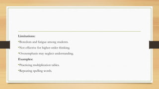 Limitations:
•Boredom and fatigue among students.
•Not effective for higher-order thinking.
•Overemphasis may neglect understanding.
Examples:
•Practicing multiplication tables.
•Repeating spelling words.
 
