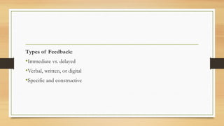 Types of Feedback:
•Immediate vs. delayed
•Verbal, written, or digital
•Specific and constructive
 