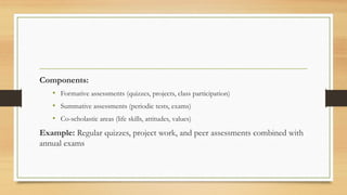 Components:
• Formative assessments (quizzes, projects, class participation)
• Summative assessments (periodic tests, exams)
• Co-scholastic areas (life skills, attitudes, values)
Example: Regular quizzes, project work, and peer assessments combined with
annual exams
 