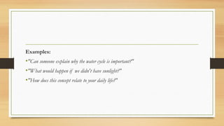 Examples:
•"Can someone explain why the water cycle is important?"
•"What would happen if we didn't have sunlight?"
•"How does this concept relate to your daily life?"
 