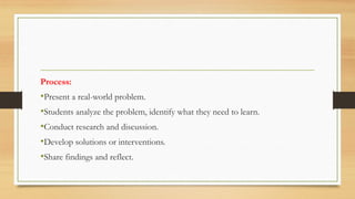 Process:
•Present a real-world problem.
•Students analyze the problem, identify what they need to learn.
•Conduct research and discussion.
•Develop solutions or interventions.
•Share findings and reflect.
 