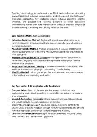 New Math Teaching Methods Innovative Teaching Methodologies in Mathematics for M.Ed Students | DOCX