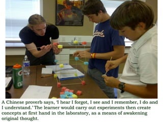 A Chinese proverb says, ‘I hear I forgot, I see and I remember, I do and
I understand.’ The learner would carry out experiments then create
concepts at first hand in the laboratory, as a means of awakening
original thought.
 