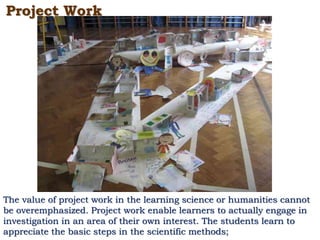 Project Work
The value of project work in the learning science or humanities cannot
be overemphasized. Project work enable learners to actually engage in
investigation in an area of their own interest. The students learn to
appreciate the basic steps in the scientific methods;
 