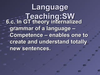LanguageLanguage
Teaching:SWTeaching:SW
6.c. In GT theory internalized6.c. In GT theory internalized
grammar of a language –grammar of a language –
Competence – enables one toCompetence – enables one to
create and understand totallycreate and understand totally
new sentences.new sentences.
 