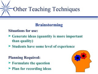 Other Teaching Techniques Brainstorming Situations for use: Generate ideas (quantity is more important than quality) Students have some level of experience Planning Required: Formulate the question Plan for recording ideas 