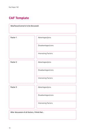 Key Stages 1&2 
CAF Template 
10 
Idea/Issue/scenario to be discussed: 
Advantages/pros 
Disadvantages/cons 
Interesting Factors 
Advantages/pros 
Disadvantages/cons 
Interesting Factors 
Advantages/pros 
Disadvantages/cons 
Interesting Factors 
Factor 1 
Factor 2 
Factor 3 
After discussion of all factors, I think that… 
 