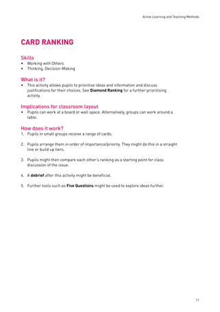 Active Learning and Teaching Methods 
11 
CARD RANKING 
Skills 
Working with Others 
Thinking, Decision-Making 
What is it? 
•• 
• 
This activity allows pupils to prioritise ideas and information and discuss 
justifi cations for their choices. See Diamond Ranking for a further prioritising 
activity. 
Implications for classroom layout 
Pupils can work at a board or wall space. Alternatively, groups can work around a 
table. 
How does it work? 
1. Pupils in small groups receive a range of cards. 
2. Pupils arrange them in order of importance/priority. They might do this in a straight 
line or build up tiers. 
• 
3. Pupils might then compare each other’s ranking as a starting point for class 
discussion of the issue. 
4. A debrief after this activity might be benefi cial. 
5. Further tools such as Five Questions might be used to explore ideas further. 
 
